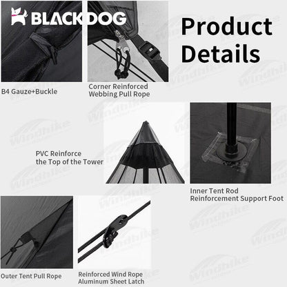 BLACKDOG Hexagon Pyramid Tent Portable Lightweight 3-4 Persons Black White Indian Pyramid 150D Oxford Cloth Outdoor Waterproof Tent Heavy Duty Original