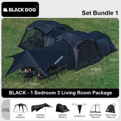 BLACKDOG UNICORN DOME TENT Automatic Multiple Setting Canopy Tent Unlimited Connection Bedroom Awning Living Area Waterproof Outdoor Camping Vinyl Coated UPF100+ UV Sun Protection Black White Fast Build 4-12 Person Large Space Heavy Duty Shelter