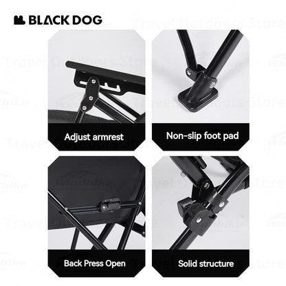 BLACKDOG Black Reclining High-Back Folding Chair Portable Foldable Camping Chair 3 Level Recliner 140kg Max Load Travel Picnic Seat Oxford Fabric Steel Iron Structure Heavy Duty Black Dog