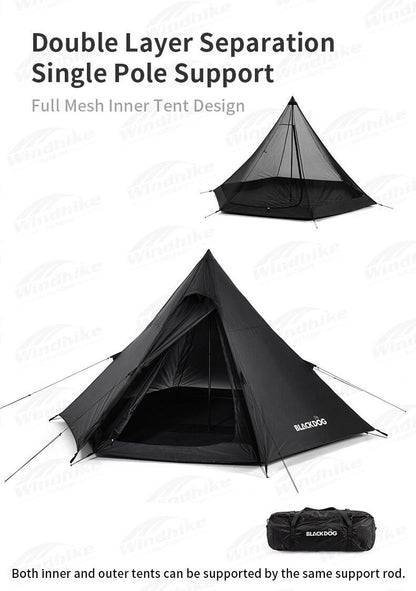 BLACKDOG Hexagon Pyramid Tent Portable Lightweight 3-4 Persons Black White Indian Pyramid 150D Oxford Cloth Outdoor Waterproof Tent Heavy Duty Original