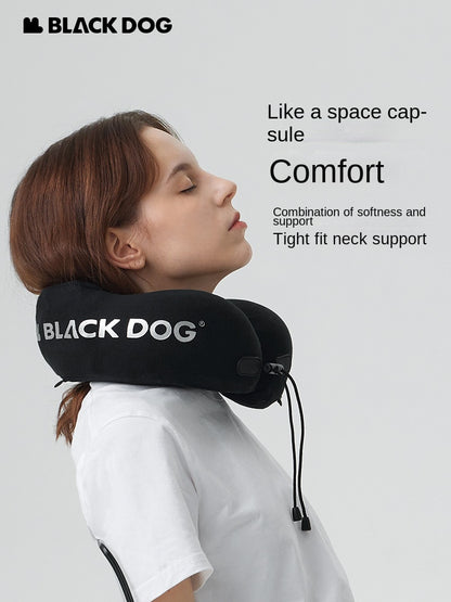 BLACKDOG SNAIL U-Shaped Hooded Memory Foam Black Travel Pillow Comfortable Snug Fit 360° Wrap Design Portable Neck Support Hood Head Cover Headrest with Storage Bag Black Dog