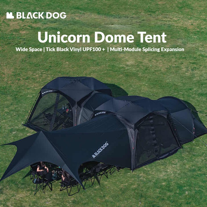 BLACKDOG UNICORN DOME TENT Automatic Multiple Setting Canopy Tent Unlimited Connection Bedroom Awning Living Area Waterproof Outdoor Camping Vinyl Coated UPF100+ UV Sun Protection Black White Fast Build 4-12 Person Large Space Heavy Duty Shelter