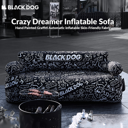 BLACKDOG Crazy Dreamer Inflatable Sofa Outdoor 1-2 Persons Portable Leisure Graffiti Print Square Stool Folding Air Couch Sofa Camping Hiking Travel Picnic Beach Folding Home Sofa Set Original Black Dog