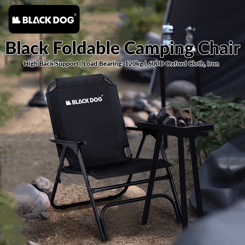 BLACKDOG Black Foldable Camping Chair Folding Portable Outdoor Seat Oxford Steel Upgraded 120kg Max Load High Back Support Armchair Heavy Duty Stool Black Dog