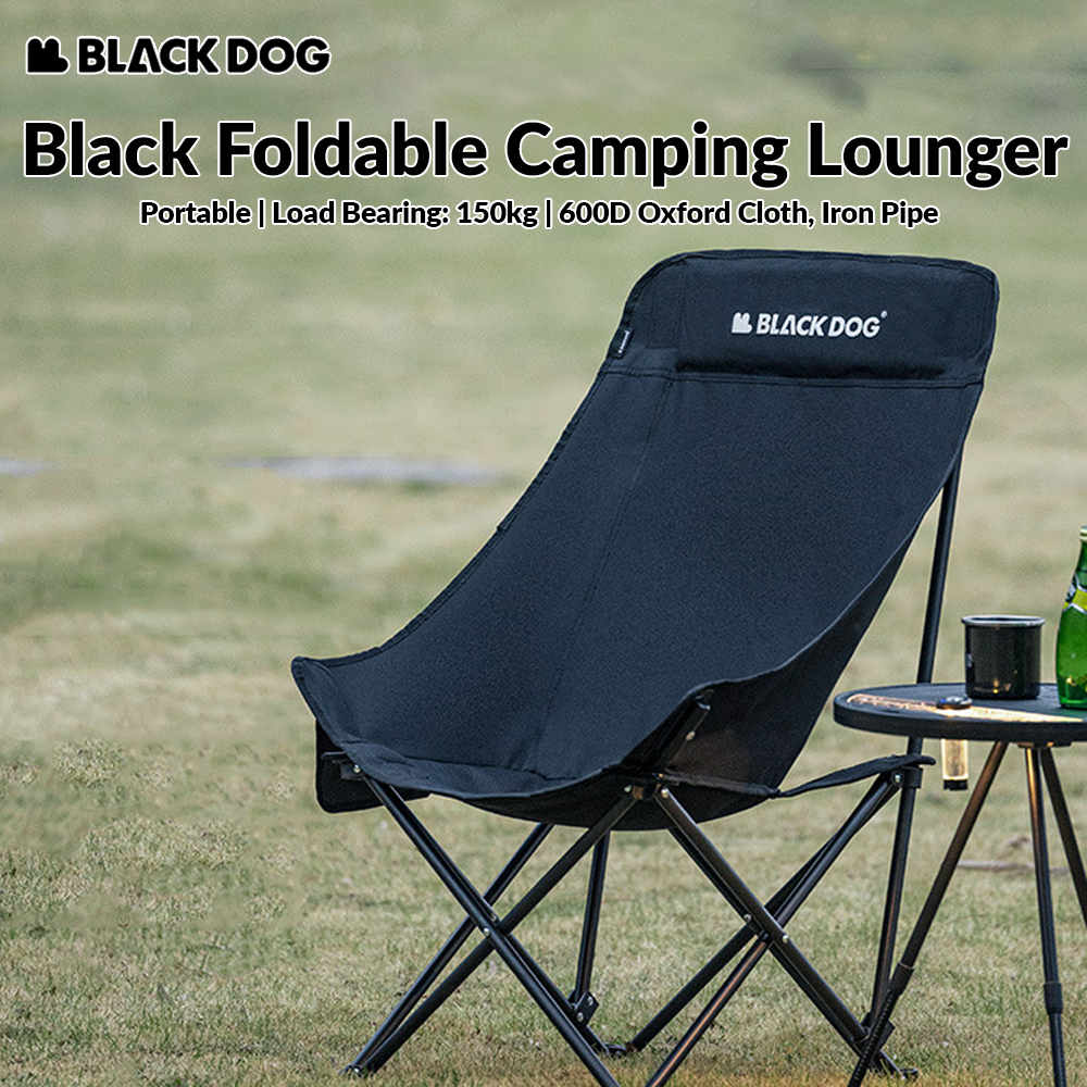 BLACKDOG Black Foldable Camping Lounger Portable Leisure Chair and Bed 2 in 1 Reclining Removable Headrest Pillow Folding Office Nap Bed Home Balcony Chair Outdoor Hiking Beach Picnic Travel Heavy Duty Original Black Dog