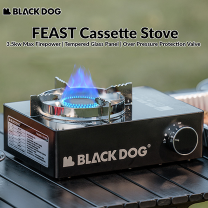 BLACKDOG FEAST Black Portable Mini High Power Butane Gas Stove 3.5kw Max Firepower Tempered Glass Panel Canister Outdoor Camping Cooking Cassette Burner Black Dog