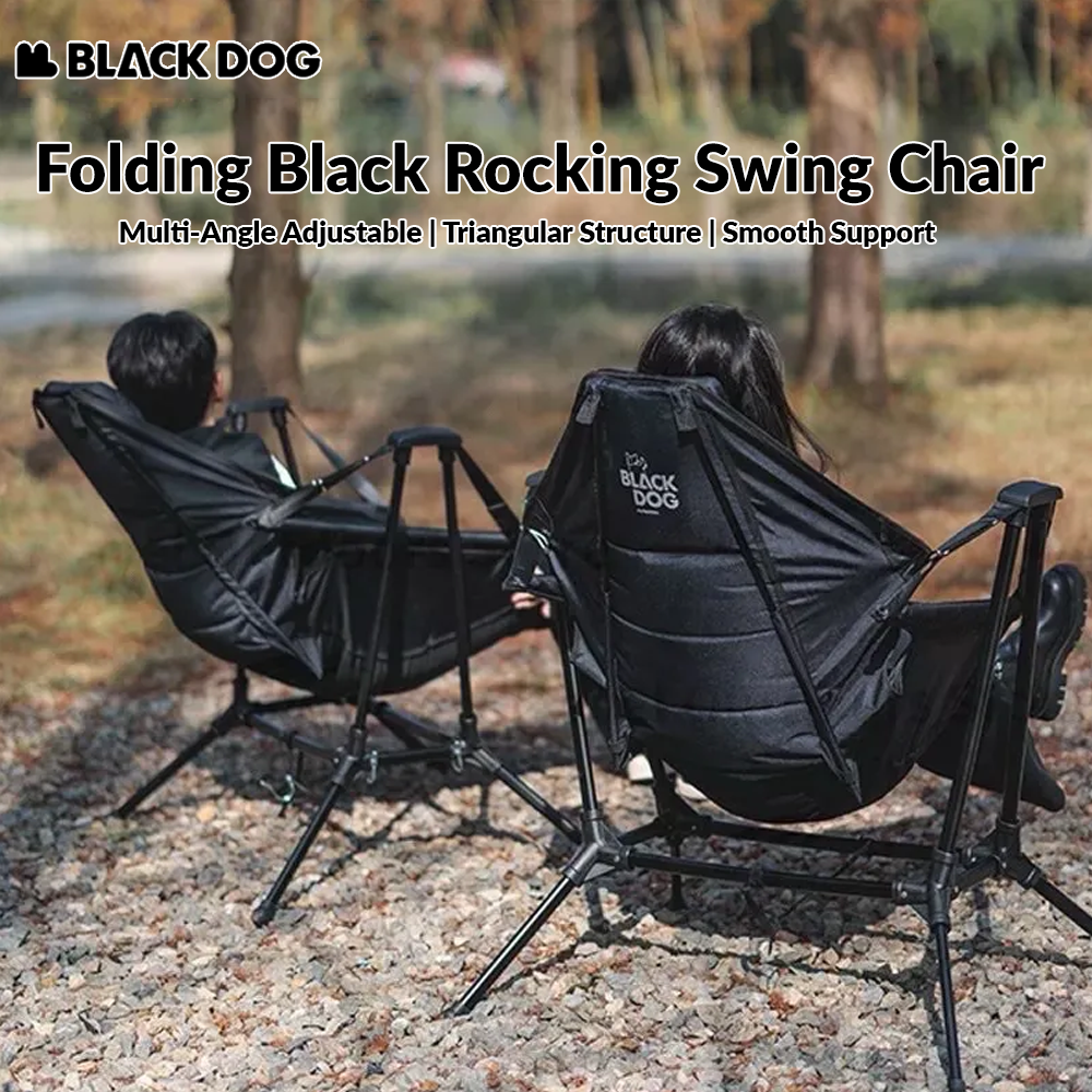 BLACKDOG Folding Black Rocking Swing Chair with Pillow 160° Portable Adjustable Lying Leisure Recliner 150kg Max Load Camping Hiking Picnic Beach Travel Chair 7075 Aluminum Heavy Duty Original Black Dog