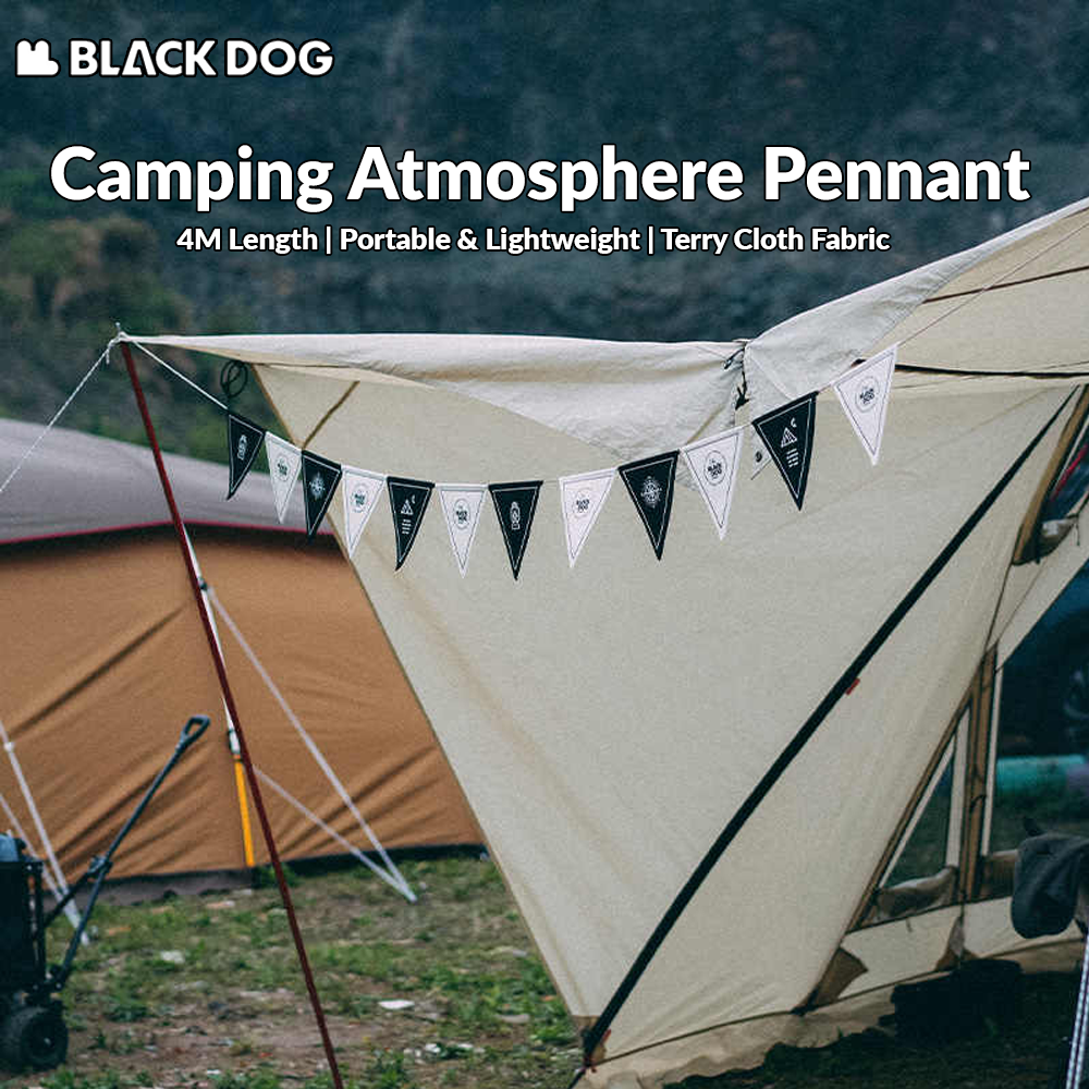 BLACKDOG Camping Atmosphere Pennant Portable Lightweight String Decor 12 Flag 4M Wind Canopy Awning Pole Rope Hanging Triangular Flag Festival Party Decoration Hanging Brand Banner White Black Camping Hiking Picnic Beach Travel Original Black Dog