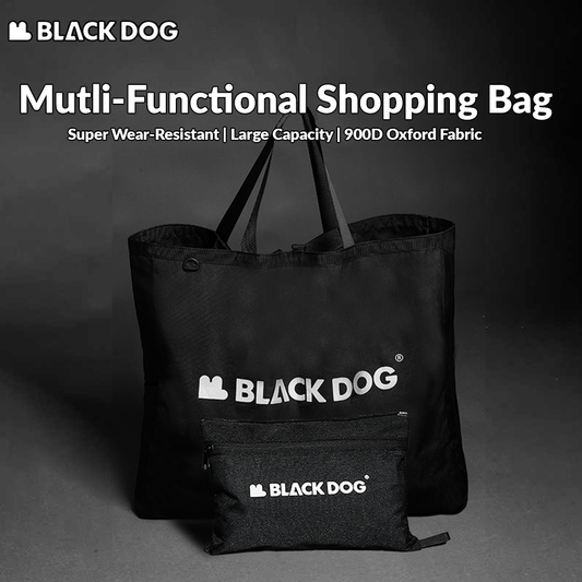 BLACKDOG Black Mutli-Functional Shopping Bag Portable Ultralight Storage Tote Bag Strong Durable Wear Resistant Carrying Bag Eco Bag With Zipper Camping Hiking Outdoor Beach Travel Grocery 900D Oxford Cloth Heavy Duty Original Black Dog