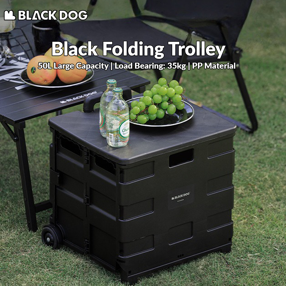 BLACKDOG Black Folding Trolley Portable Lightweight 50L Capacity Storage Box Cart With Wheels Pushing Cart Pull Rod Shopping Camping Hiking Picnic Travel Equipment Heavy Duty Original Black Dog