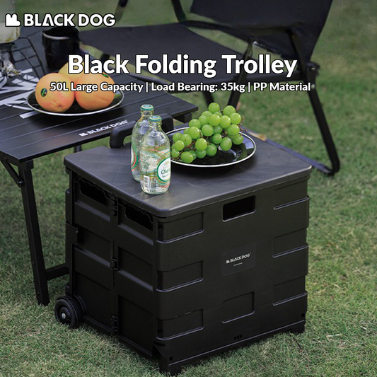 BLACKDOG Black Folding Trolley Portable Lightweight 50L Capacity Storage Box Cart With Wheels Pushing Cart Pull Rod Shopping Camping Hiking Picnic Travel Equipment Heavy Duty Original Black Dog