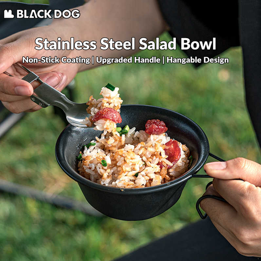 BLACKDOG Black Stainless Steel Salad Bowl With Non Stick Coating Portable 310ml Tableware Cookware Shera Bowl Outdoor Camping Hiking Travel Cooking Hanging Picnic Beach Hang Handle Design Tableware Cup Pot Heavy Duty Original Black Dog