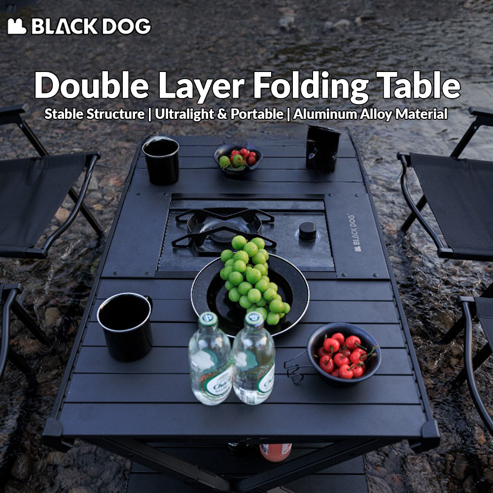 BLACKDOG Double Layer Folding Table Outdoor Desktop Aluminum Alloy Portable Lightweight IGT Egg Roll Table Camping Hiking Picnic Beach Travel Heavy Duty Original Black Dog