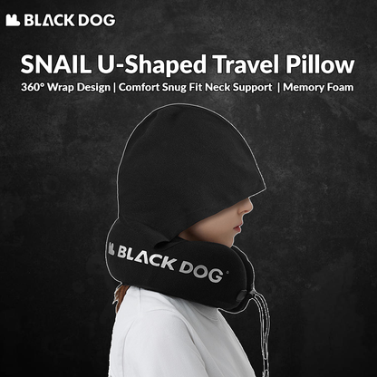 BLACKDOG SNAIL U-Shaped Hooded Memory Foam Black Travel Pillow Comfortable Snug Fit 360° Wrap Design Portable Neck Support Hood Head Cover Headrest with Storage Bag Black Dog