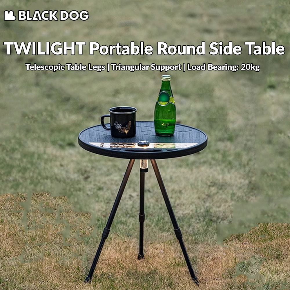 BLACKDOG TWILIGHT Portable Round Side Table Ultralight Height Adjustable 3-Legged Stable Telescopic Tripod Structure 20kg Max Load Coffee Tea Outdoor Camping Folding Ultralight Aluminum PE Acrylic Black Dog