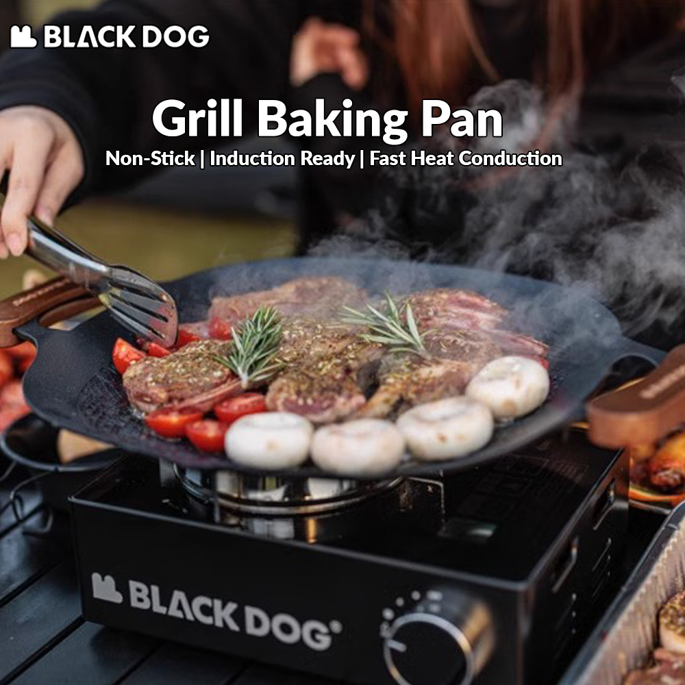 BLACKDOG Round Baking Pan Stove Grill Top Non-Stick Frying Grilling Korean BBQ Cookware Outdoor Camping Picnic Induction Ready Wood Handle with Bag Cooking Barbecue Equipment Utensil Black Dog