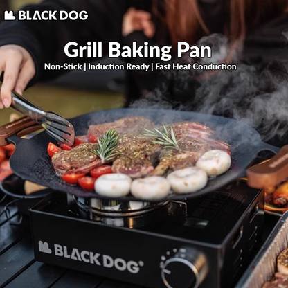 BLACKDOG Round Baking Pan Stove Grill Top Non-Stick Frying Grilling Korean BBQ Cookware Outdoor Camping Picnic Induction Ready Wood Handle with Bag Cooking Barbecue Equipment Utensil Black Dog