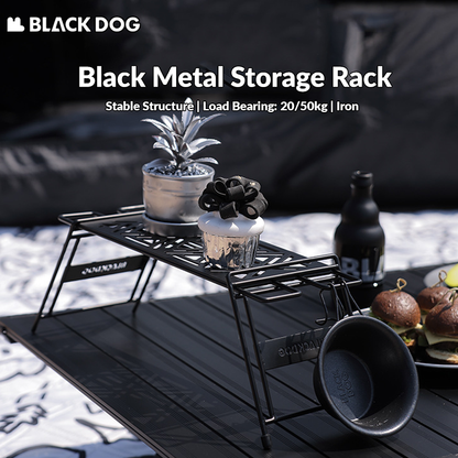 BLACKDOG Black Metal Storage Rack Shelf Portable Outdoor Camping Equipment Shelves Trapezoidal Small Large Load up to 50kg Heavy Duty Steel Iron with Storage Bag Black Dog