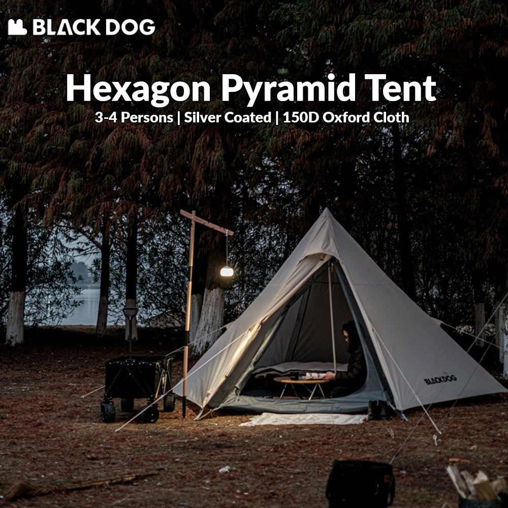 BLACKDOG Hexagon Pyramid Tent Portable Lightweight 3-4 Persons Black White Indian Pyramid 150D Oxford Cloth Outdoor Waterproof Tent Heavy Duty Original