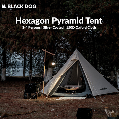 BLACKDOG Hexagon Pyramid Tent Portable Lightweight 3-4 Persons Black White Indian Pyramid 150D Oxford Cloth Outdoor Waterproof Tent Heavy Duty Original