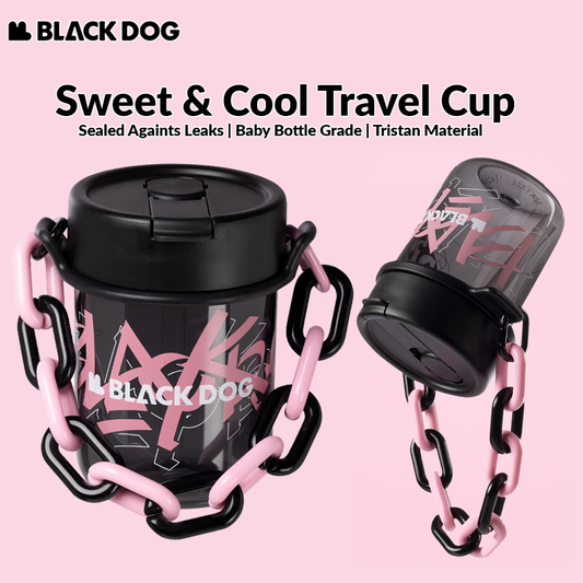 BLACKDOG Sweet & Cool Travel Cup Portable Lightweight Black Pink Tritan Water Bottle With Cap Hot And Cold Leak Proof On the Go Chain Handle