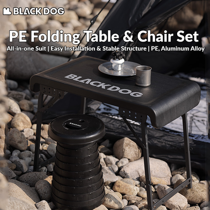 BLACKDOG Black Folding Table & Chair Set Portable Lightweight Foldable Table Chair Camping Aluminum PE Plastic Table Telescopic Chair Set Outdoor Hiking Picnic BBQ Dining Heavy Duty Original Black Dog