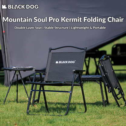 BLACKDOG MOUNTAIN SOUL Black Portable Folding Kermit Chair Outdoor Camping Picnic Travel Ultralight Low High PRO Heavy Duty Foldable Chair up to 190kg Max Load Thick Carbon Steel Frame Black Dog