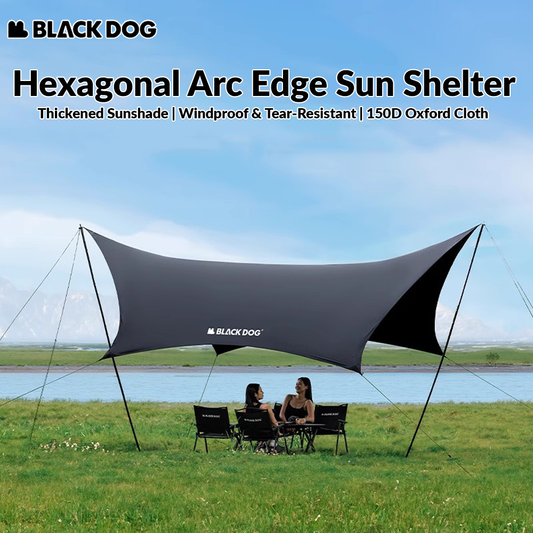 BLACKDOG Hexagonal Arc Edge Sky Curtain Large Canopy Awning Tarp Tent PU Coated Waterproof up to 27m² Shade Area UPF50+ Sunscreen Camping Hiking Picnic Beach Travel Shelter with Poles Hexagon Square Heavy Duty Original Black Dog