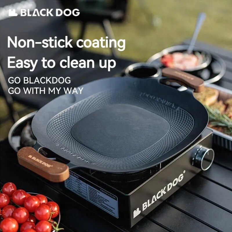 BLACKDOG Round Baking Pan Stove Grill Top Non-Stick Frying Grilling Korean BBQ Cookware Outdoor Camping Picnic Induction Ready Wood Handle with Bag Cooking Barbecue Equipment Utensil Black Dog