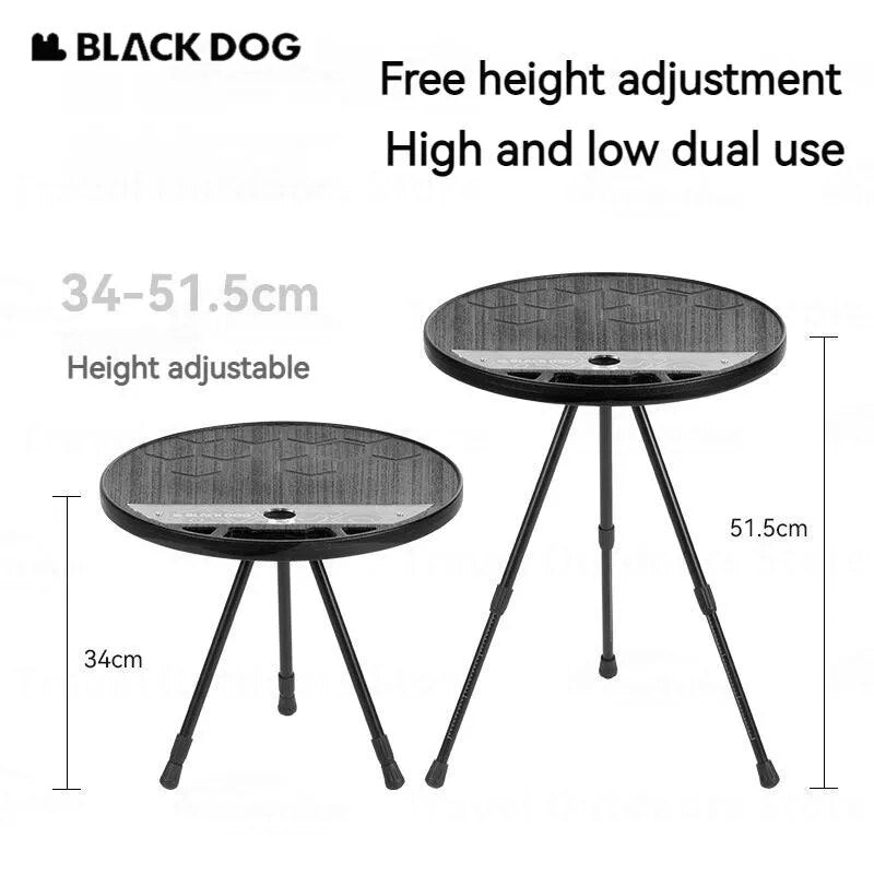 BLACKDOG TWILIGHT Portable Round Side Table Ultralight Height Adjustable 3-Legged Stable Telescopic Tripod Structure 20kg Max Load Coffee Tea Outdoor Camping Folding Ultralight Aluminum PE Acrylic Black Dog