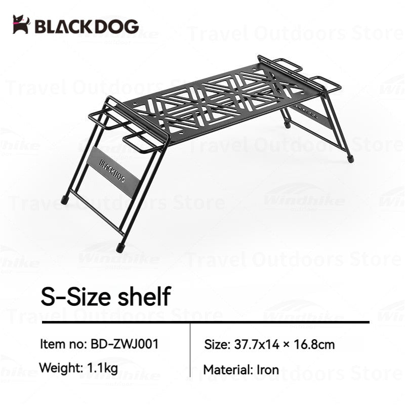 BLACKDOG Black Metal Storage Rack Shelf Portable Outdoor Camping Equipment Shelves Trapezoidal Small Large Load up to 50kg Heavy Duty Steel Iron with Storage Bag Black Dog