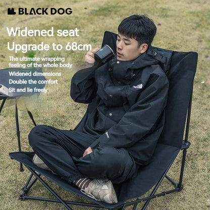 BLACKDOG Black Foldable Camping Lounger Portable Leisure Chair and Bed 2 in 1 Reclining Removable Headrest Pillow Folding Office Nap Bed Home Balcony Chair Outdoor Hiking Beach Picnic Travel Heavy Duty Original Black Dog