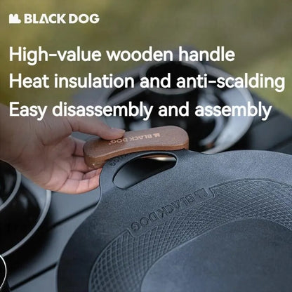 BLACKDOG Round Baking Pan Stove Grill Top Non-Stick Frying Grilling Korean BBQ Cookware Outdoor Camping Picnic Induction Ready Wood Handle with Bag Cooking Barbecue Equipment Utensil Black Dog