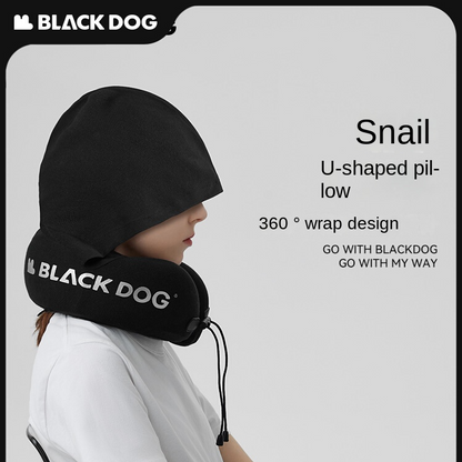 BLACKDOG SNAIL U-Shaped Hooded Memory Foam Black Travel Pillow Comfortable Snug Fit 360° Wrap Design Portable Neck Support Hood Head Cover Headrest with Storage Bag Black Dog