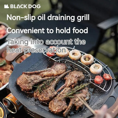 BLACKDOG Round Baking Pan Stove Grill Top Non-Stick Frying Grilling Korean BBQ Cookware Outdoor Camping Picnic Induction Ready Wood Handle with Bag Cooking Barbecue Equipment Utensil Black Dog