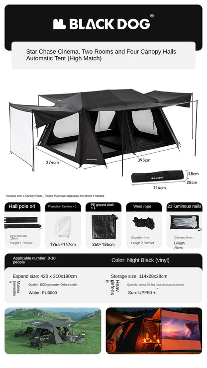 BLACKDOG STAR CHASE Black Cinema Automatic Cabin Style Tent 8-10 Person Waterproof Extra Large Use Space up to 33m² 2 Bedroom 4 Awning Canopy Halls Vinyl Coated Sunscreen