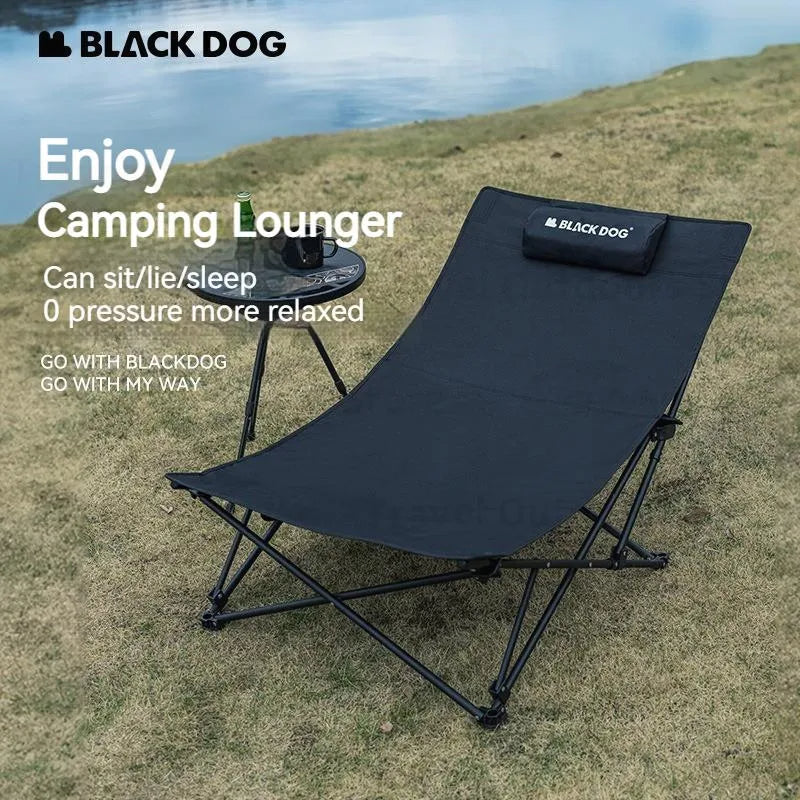 BLACKDOG Black Foldable Camping Lounger Portable Leisure Chair and Bed 2 in 1 Reclining Removable Headrest Pillow Folding Office Nap Bed Home Balcony Chair Outdoor Hiking Beach Picnic Travel Heavy Duty Original Black Dog