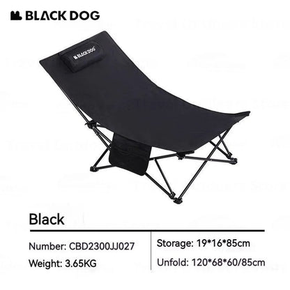 BLACKDOG Black Foldable Camping Lounger Portable Leisure Chair and Bed 2 in 1 Reclining Removable Headrest Pillow Folding Office Nap Bed Home Balcony Chair Outdoor Hiking Beach Picnic Travel Heavy Duty Original Black Dog