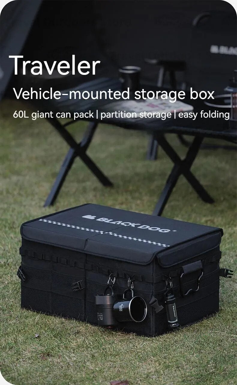 BLACKDOG Traveler Car Storage Box Portable Folding Black Tactical Camping Equipment Storage Bag Free Partition Extra Large 60L up to 40kg Max Load Waterproof Outdoor Travel Vehicle Mounted Black Dog