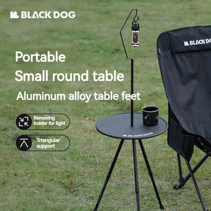 BLACKDOG Black Round Table Portable Aluminum Alloy Tea Coffee Table With Lamp Light Pole Post Stand Holder Portable Ultralight Adjustable Height Outdoor Camping Picnic Side Table Black Dog