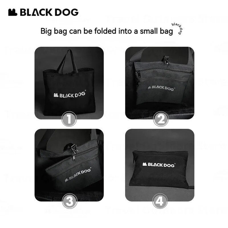 BLACKDOG Black Mutli-Functional Shopping Bag Portable Ultralight Storage Tote Bag Strong Durable Wear Resistant Carrying Bag Eco Bag With Zipper Camping Hiking Outdoor Beach Travel Grocery 900D Oxford Cloth Heavy Duty Original Black Dog