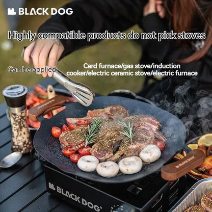 BLACKDOG Round Baking Pan Stove Grill Top Non-Stick Frying Grilling Korean BBQ Cookware Outdoor Camping Picnic Induction Ready Wood Handle with Bag Cooking Barbecue Equipment Utensil Black Dog