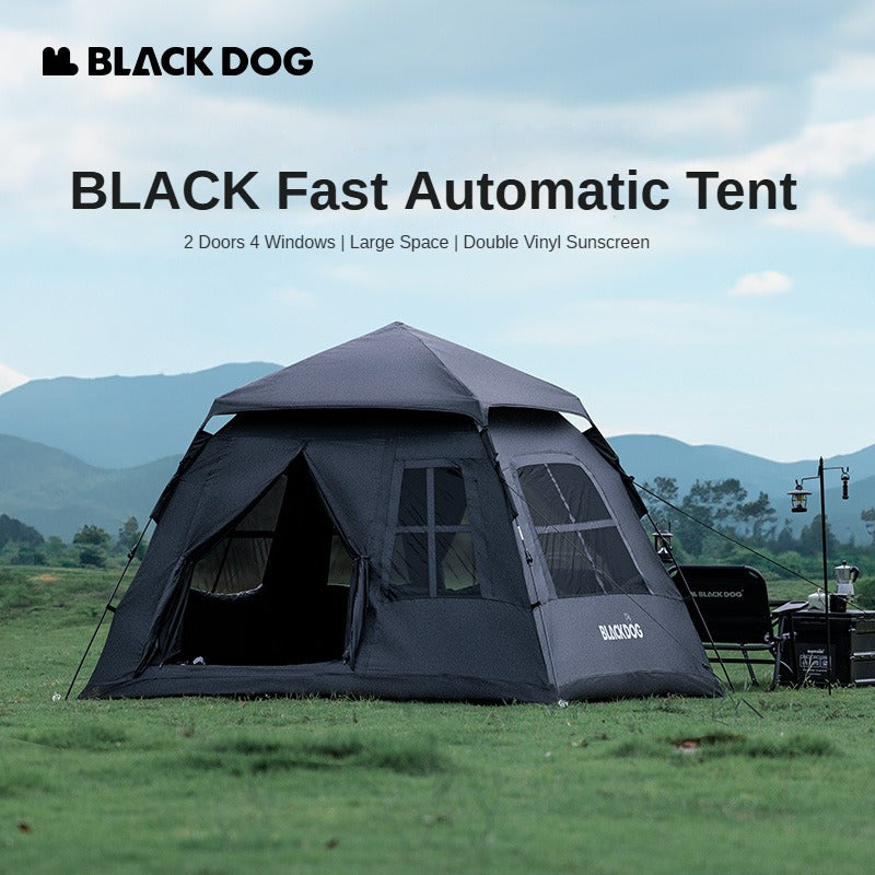 BLACKDOG Automatic Dome Camping Tent for 3-4 Person Black Vinyl Coated Sunscreen Waterproof Breathable 2 Doors 4 Windows