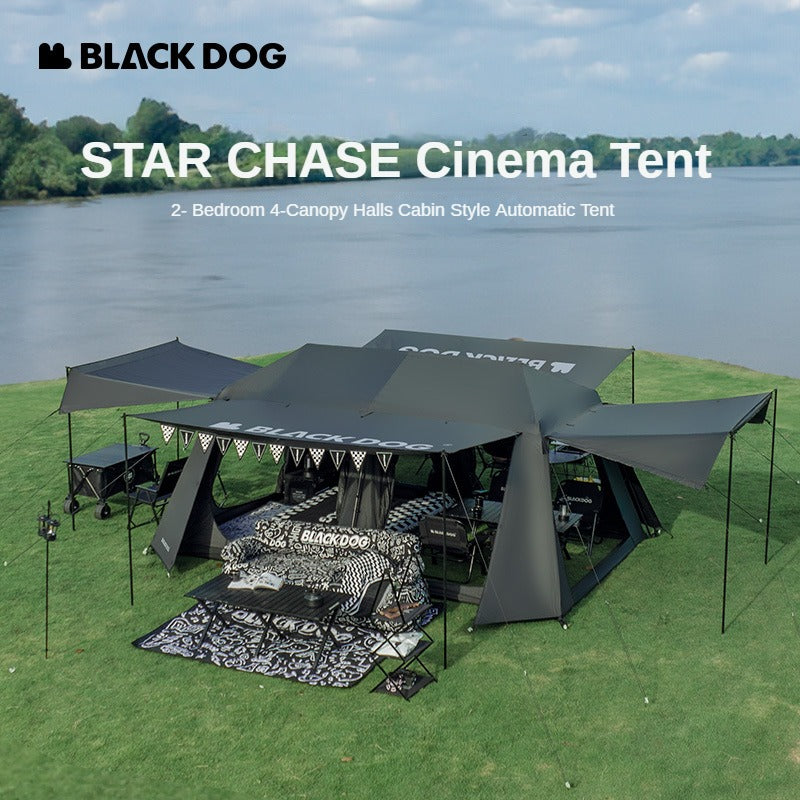 BLACKDOG STAR CHASE Black Cinema Automatic Cabin Style Tent 8-10 Person Waterproof Extra Large Use Space up to 33m² 2 Bedroom 4 Awning Canopy Halls Vinyl Coated Sunscreen