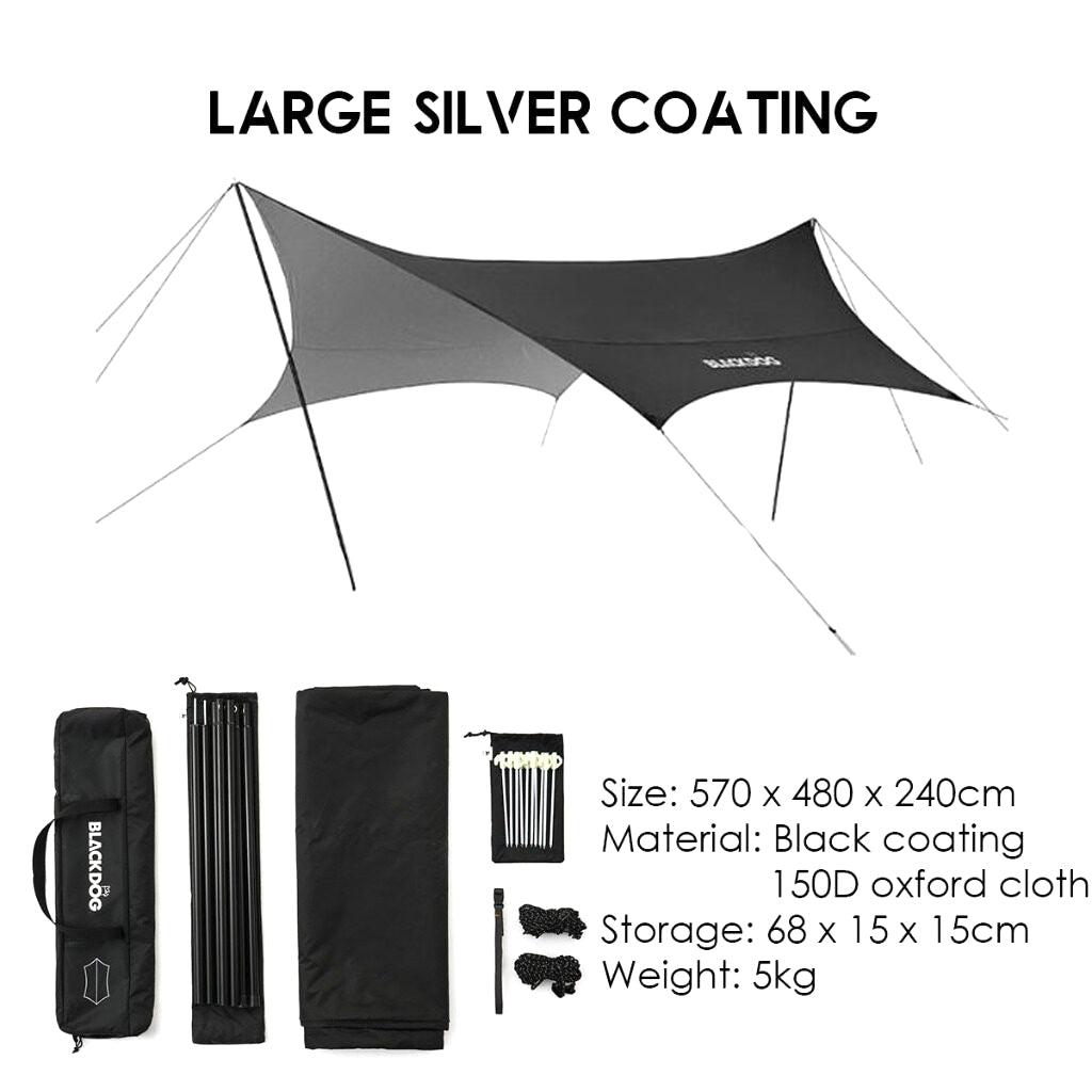 BLACKDOG Hexagonal Arc Edge Sky Curtain Large Canopy Awning Tarp Tent PU Coated Waterproof up to 27m² Shade Area UPF50+ Sunscreen Camping Hiking Picnic Beach Travel Shelter with Poles Hexagon Square Heavy Duty Original Black Dog