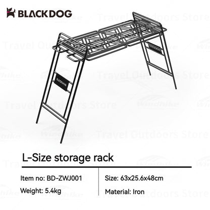 BLACKDOG Black Metal Storage Rack Shelf Portable Outdoor Camping Equipment Shelves Trapezoidal Small Large Load up to 50kg Heavy Duty Steel Iron with Storage Bag Black Dog