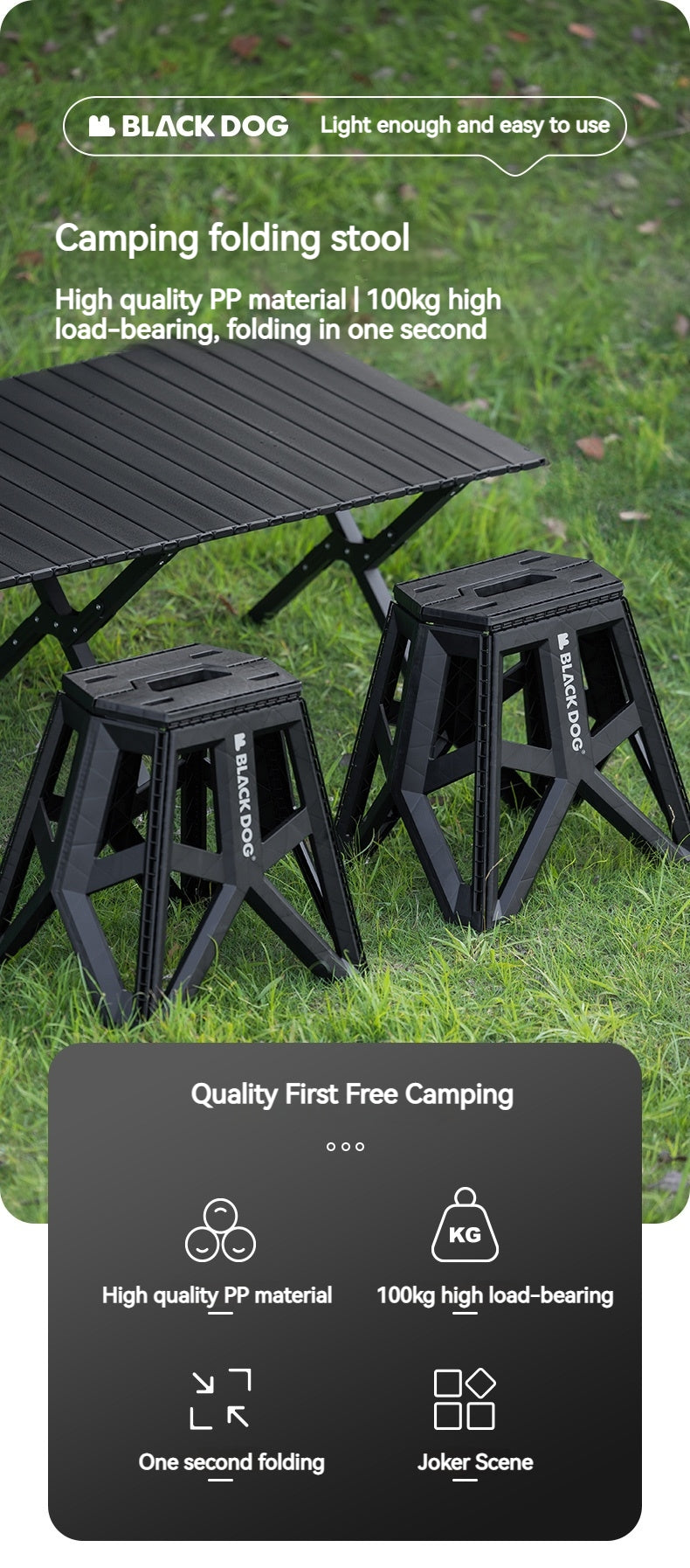 BLACKDOG Camping Folding Stool Portable Ultralight PP Chair Outdoor Stable Bucket Rack Camping Travel Fishing Beach Stool Chair Load Bearing 100kg Heavy Duty