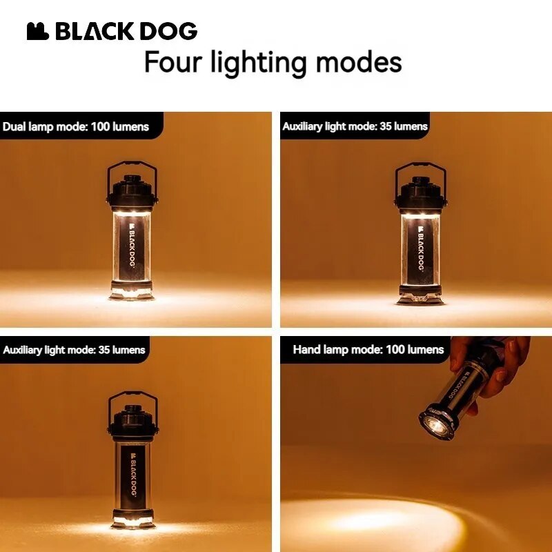 BLACKDOG STARFIRE Black Camping Lamp Mini Outdoor LED Mini Lantern 4 Lighting Modes 2600mAh Battery USB C Charging IPX4 Waterproof 6-150H Hanging Flashlight Ultralight Portable Warm Light Black Dog