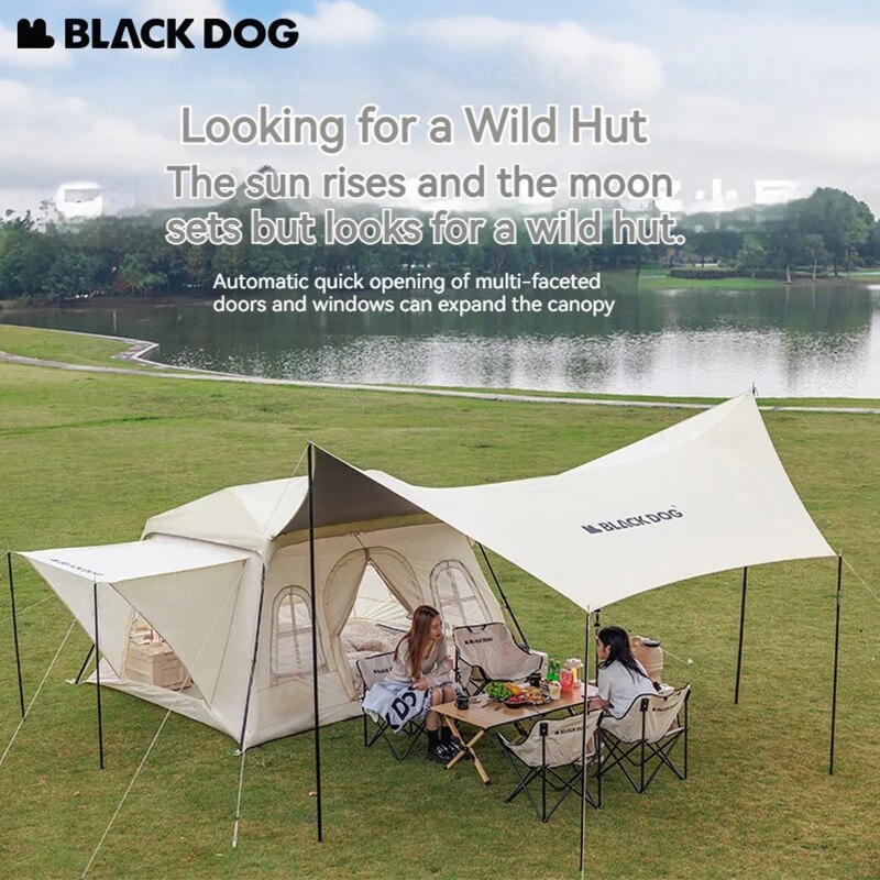 BLACKDOG FOR WILD Cabin Style Automatic Fast Build Tent 6.5m² Large Space for 2-4 Person Expandable Canopy Optional Add-on Vinyl Coated Sunscreen Outdoor Waterproof Quick Open Multiple Setting Tent Black Dog