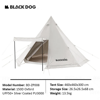 BLACKDOG Camping Pyramid Tent Outdoor for 5 to 8 Persons Black White Pyramid Tip Hexagon Silver Coated Waterproof Outdoor Camping Tent